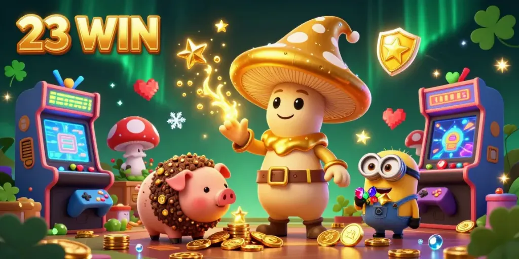 Game magic at 23 WIN with a golden mushroom wizard and treasure-hunting pig in a vibrant casino scene.