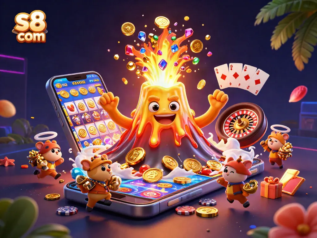 Watch vibrant gaming action at s8 com, featuring lively treasure eruptions and exciting casino elements.