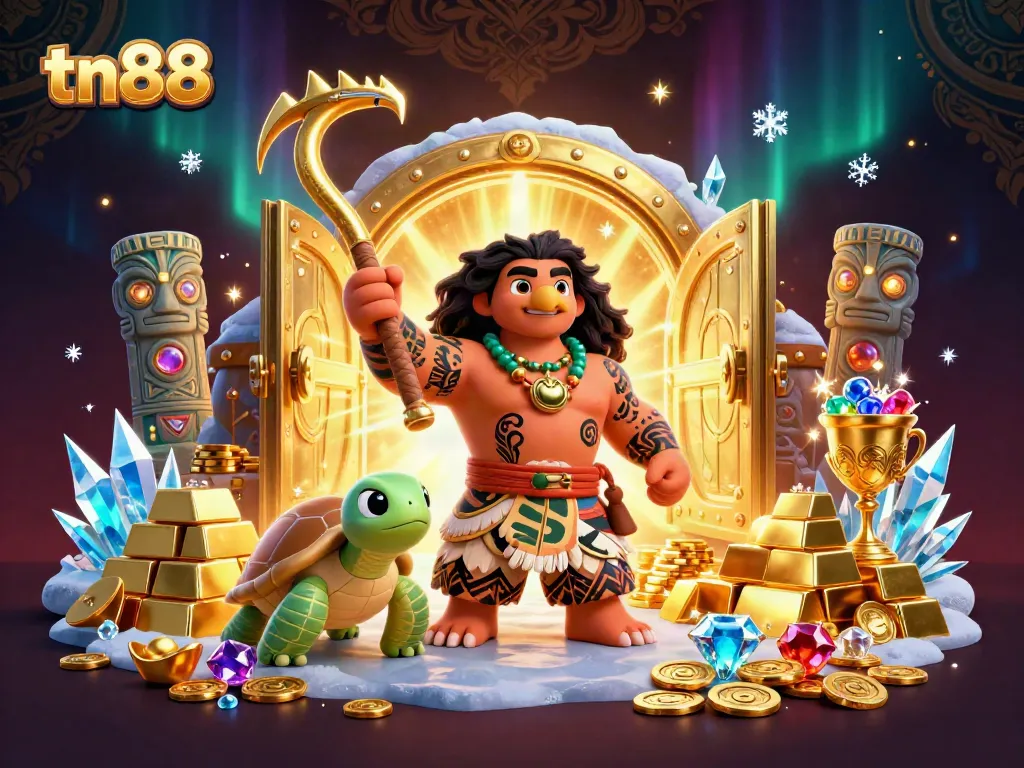 Engage with tn88 casino riches through vibrant 3D illustration of a Hawaiian demigod and treasures.