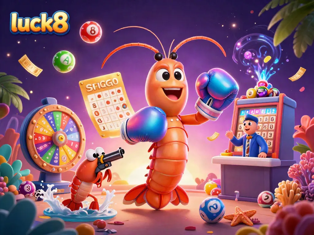 Engage with luck8 in vibrant 3D art with lively lottery balls and dynamic casino elements.