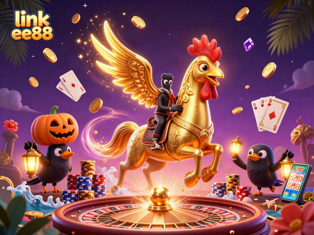 Experience the excitement of link ee88 with a golden rooster riding through a vibrant casino!