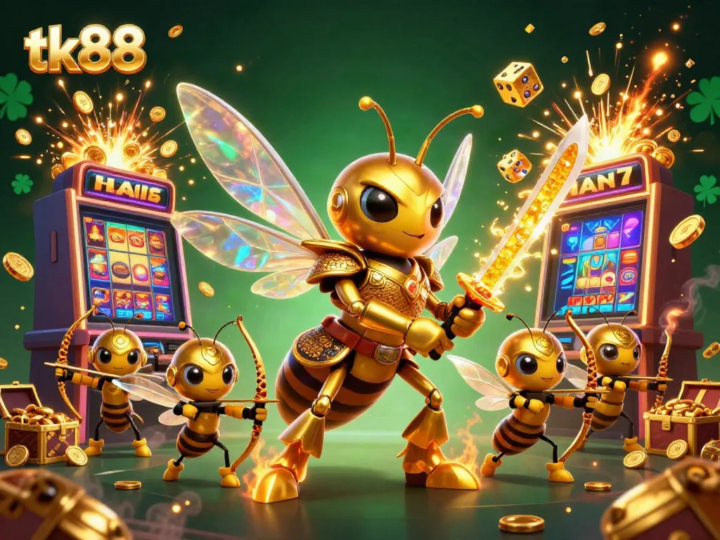Engage with tk88 through a vibrant scene of a golden hornet and bee archers amidst casino symbols and jackpots.