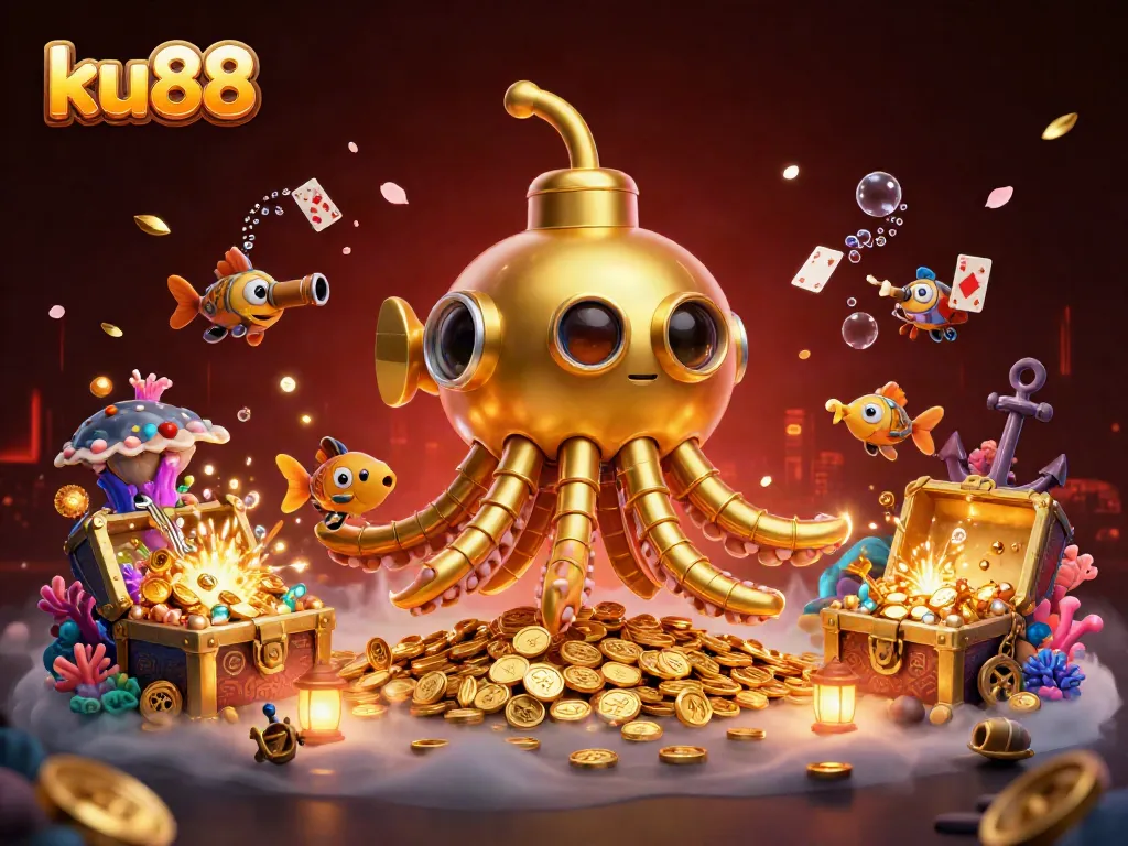 Experience thrilling moments with ku88 as the golden kraken submarine explores gambling treasures underwater.