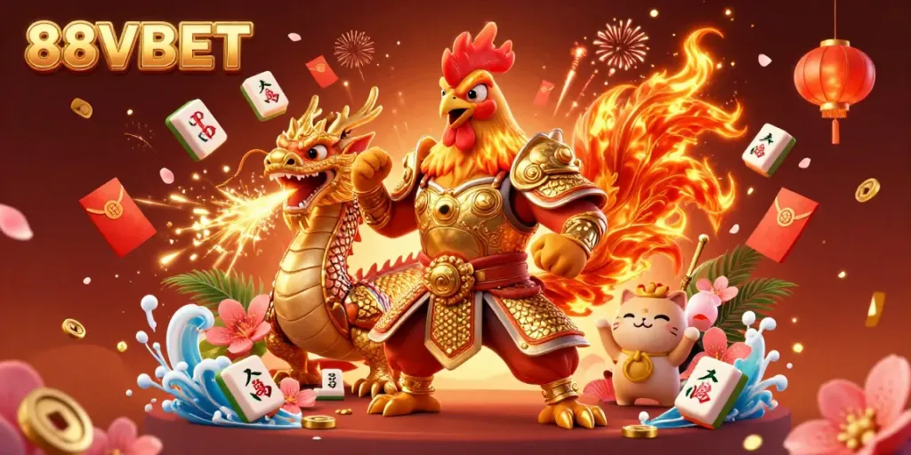 Engage with 88VBET's thrilling atmosphere featuring a fighting rooster warrior, dragon hatchling, and goodness enchanting elements.
