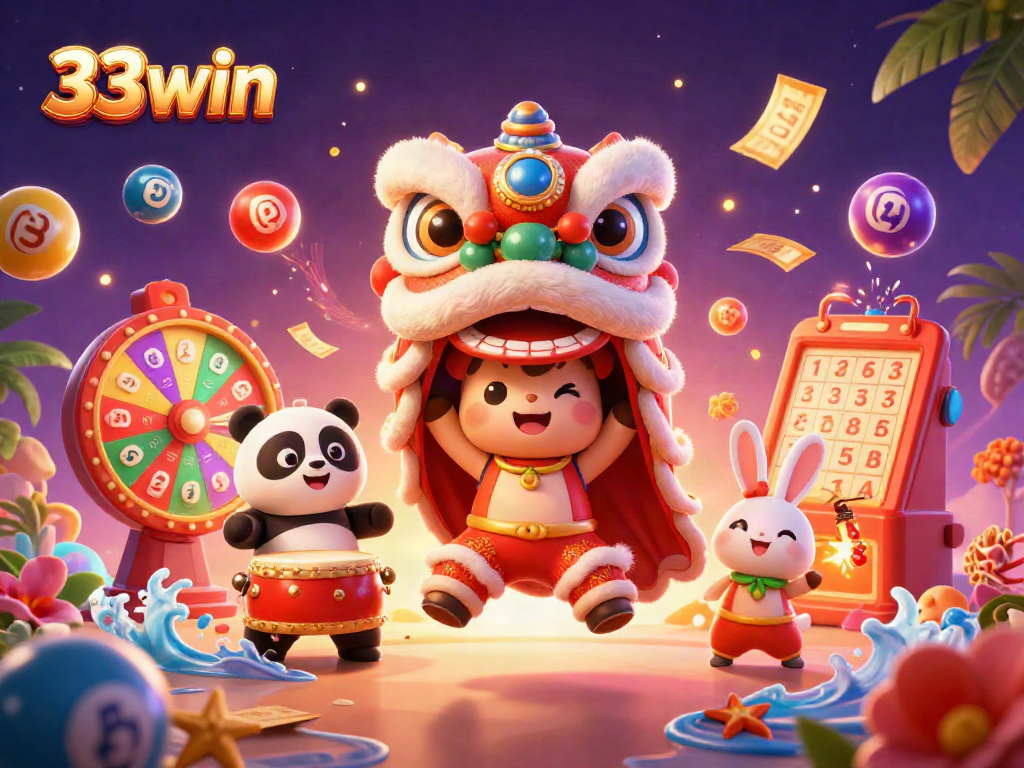 Engage with 33win's vibrant lottery scene featuring lively characters and exciting casino elements