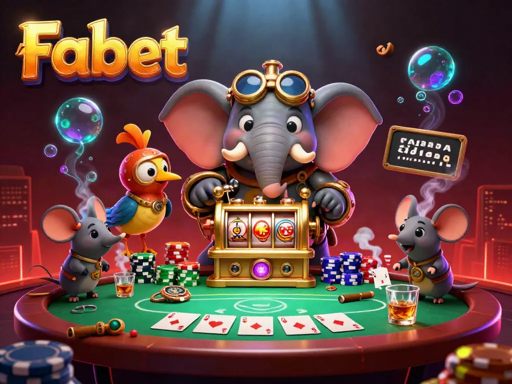 Fabet showcases thrilling gaming action with a vibrant elephant engineer and poker elements in a colorful casino scene.