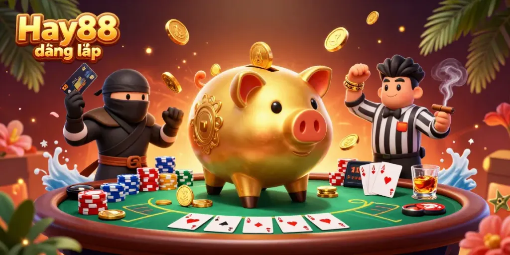 Engage in thrilling gameplay with Hay88 đăng nhập as a golden piggy bank sumo wrestler, surrounded by poker action.