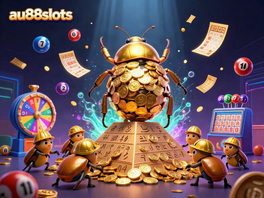 Engage in thrilling play at au88slots, featuring a golden beetle and dynamic casino elements.
