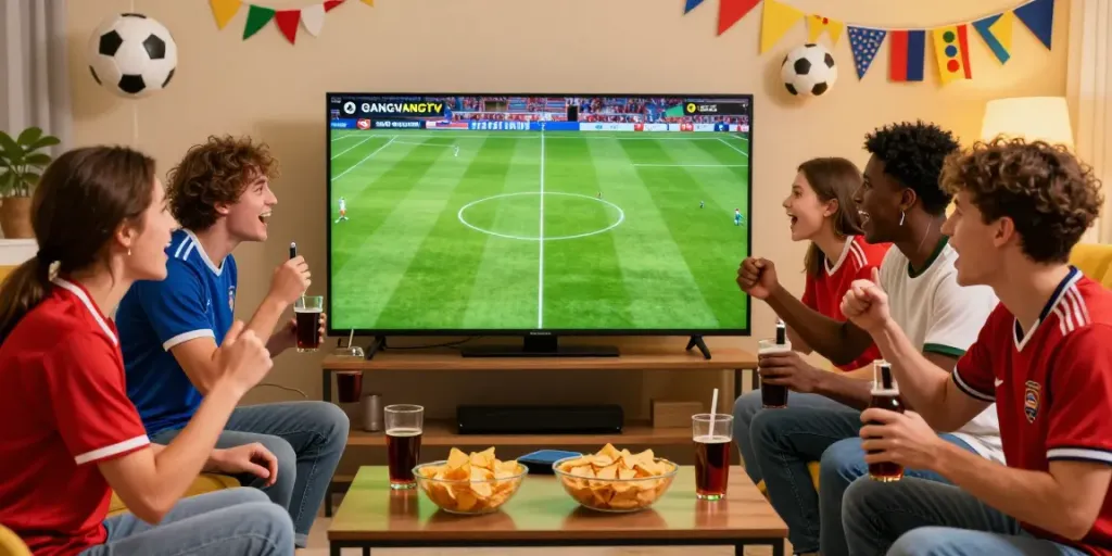 Friends enjoying a live soccer match on GangvangTV with snacks and cheers.