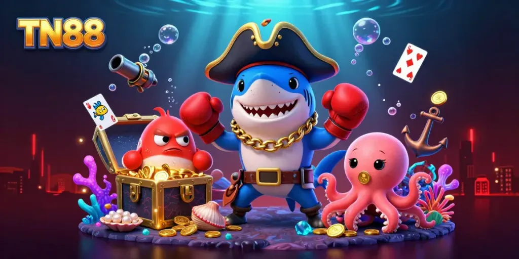 Experience thrilling wins with TN88, illustrated by dynamic casino characters and underwater treasures.