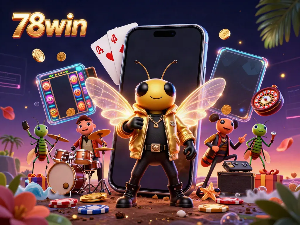 Engage with 78win’s vibrant casino scene showcasing a cicada rock star and games.