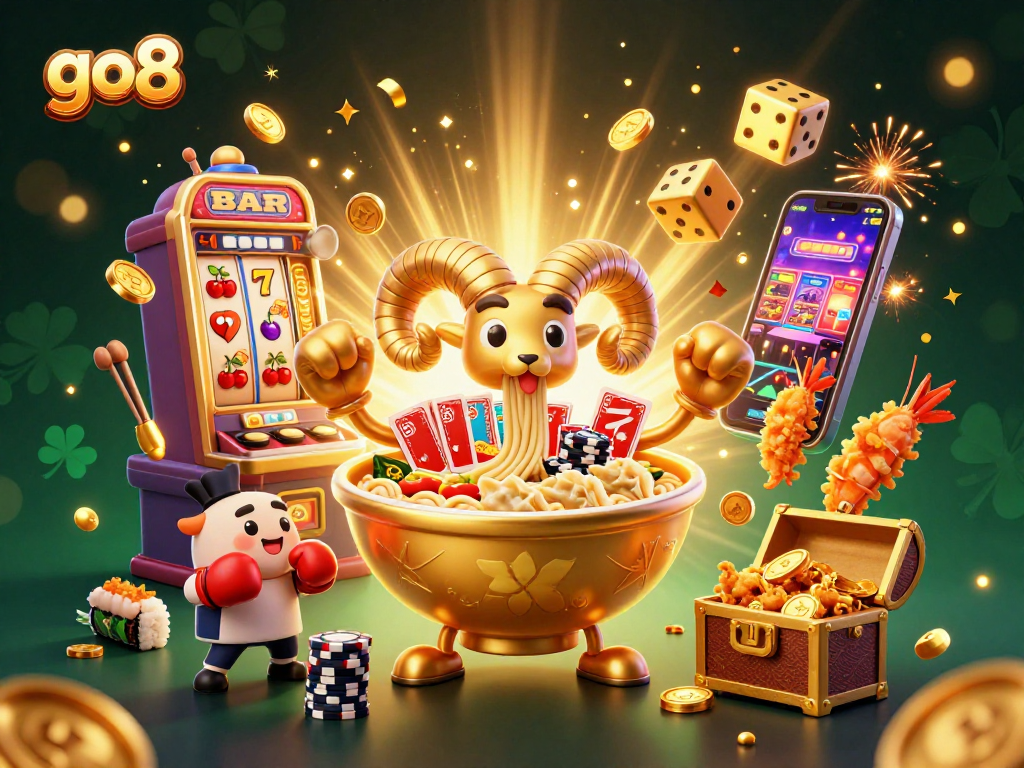 Join the excitement at go8 with dynamic 3D characters celebrating casino winnings among vibrant gambling symbols.