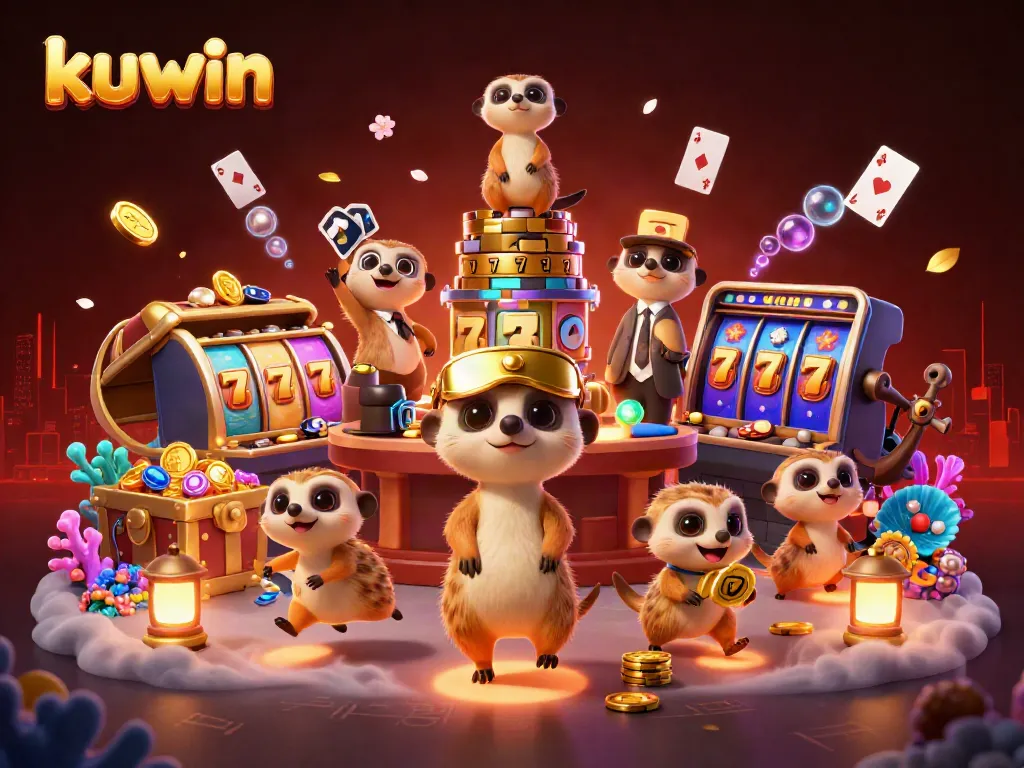 Kuwin meerkats engaging in a lively casino with vibrant colors, showcasing diverse games and energies.