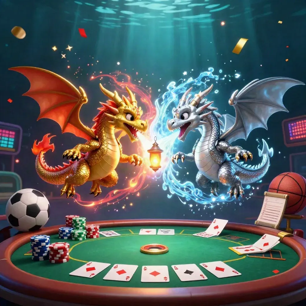 Twin dragons battle in neon casino art with chips, cards, and glowing underwater light.