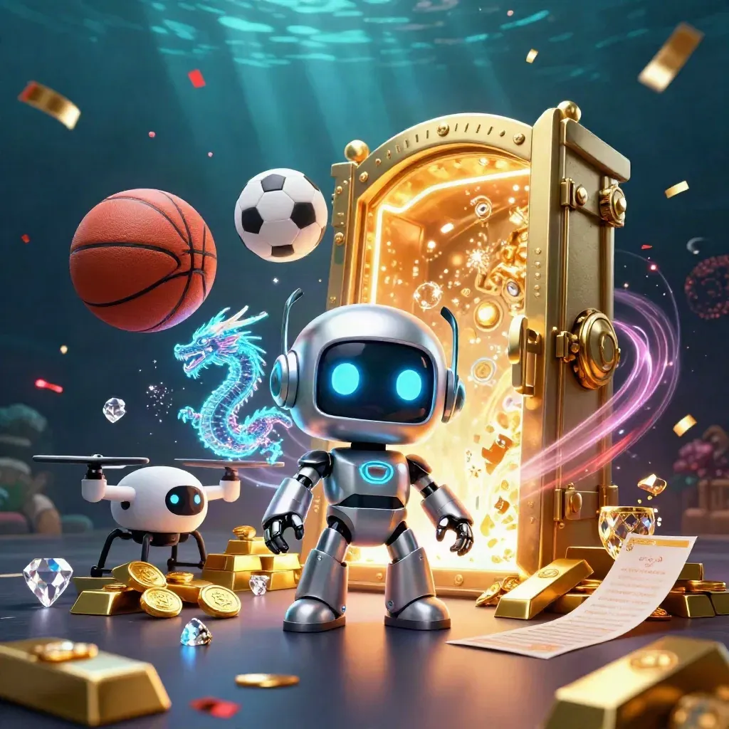 Cyberpunk robot, dragon, drone, vault, and balls burst in neon casino light.