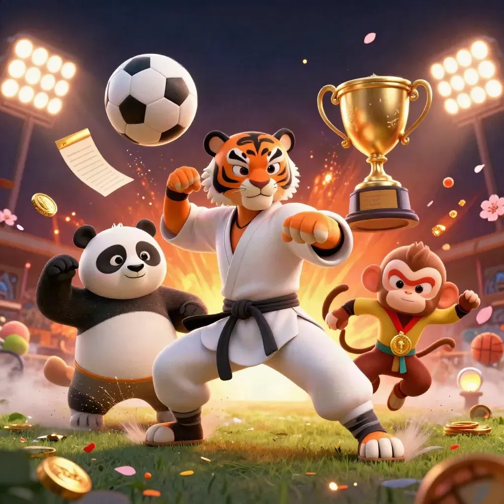 Tiger, panda, and monkey with sports balls, trophy, and blazing stadium lights.