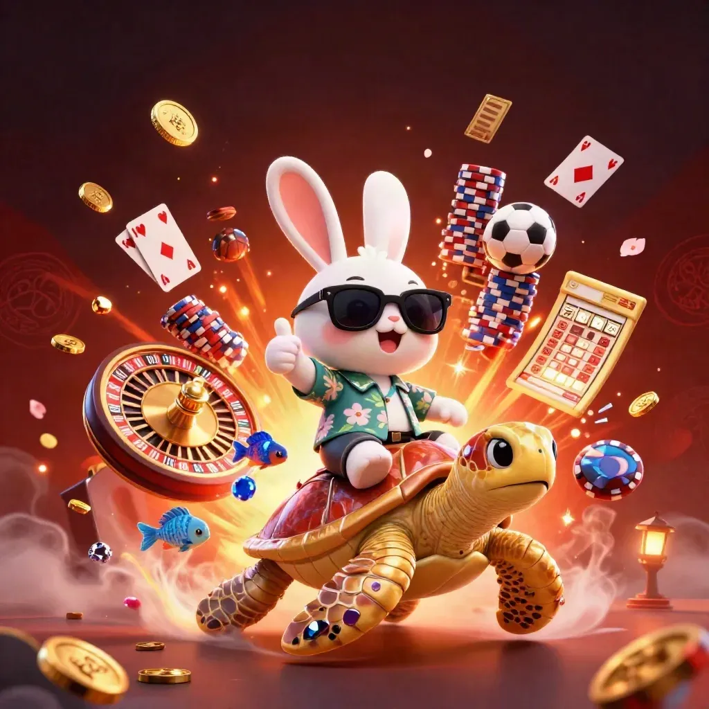 Lucky rabbit rides a golden sea turtle amid coins, chips, cards, and sports betting icons.