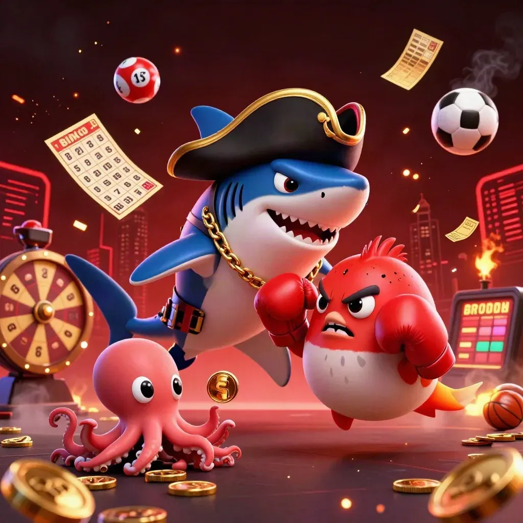 Pirate shark, boxing pufferfish, and coin-juggling octopus amid casino props and red neon haze.