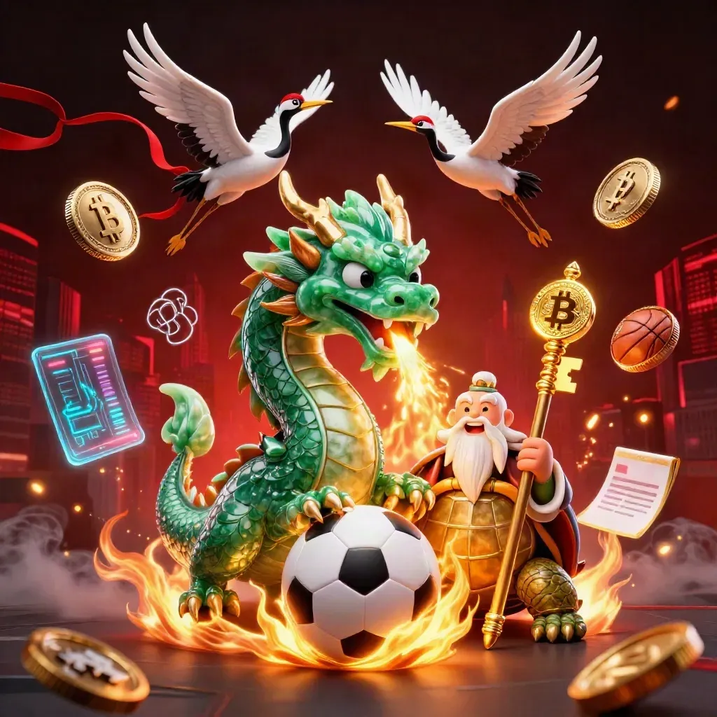 Dragon, turtle sage, and cranes amid fire, coins, and sports-betting energy on a dark neon backdrop.