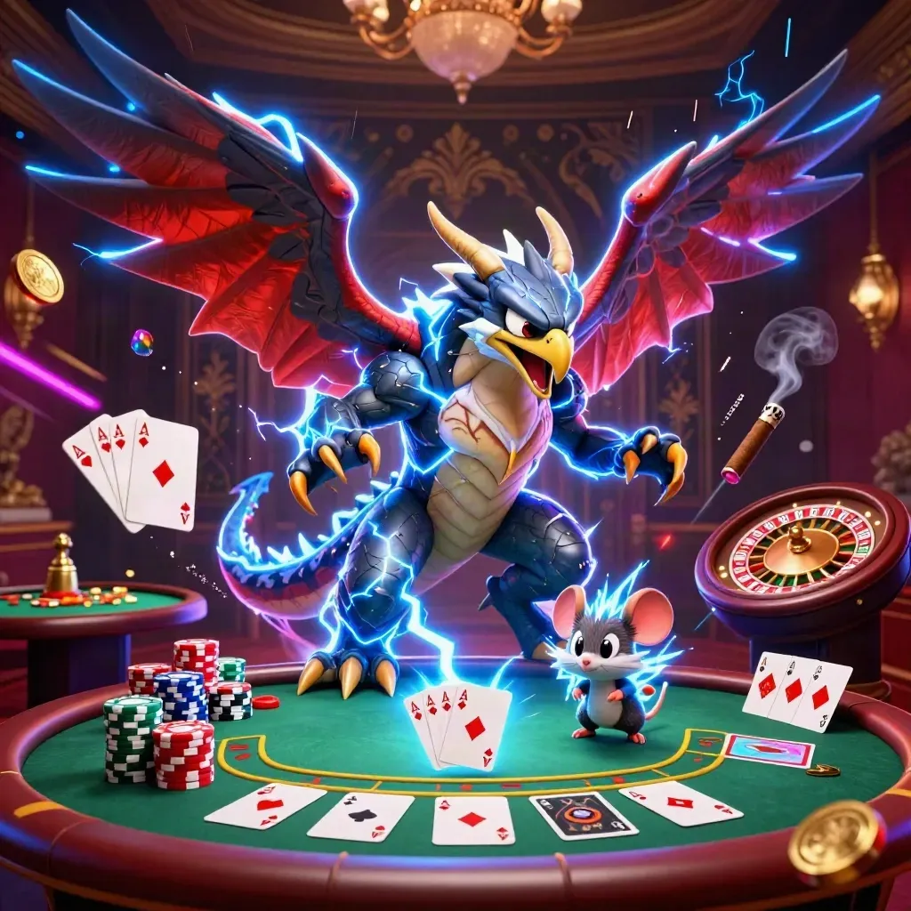 Thunder dragon, wind hawk, and mouse in a luxe casino scene with cards, chips, and neon energy.