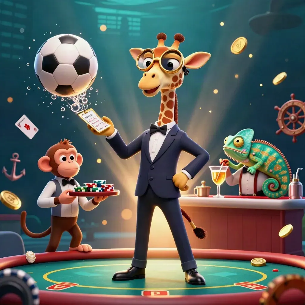 Low-angle casino mascots in an underwater treasure burst with gold coins and glowing sports balls.