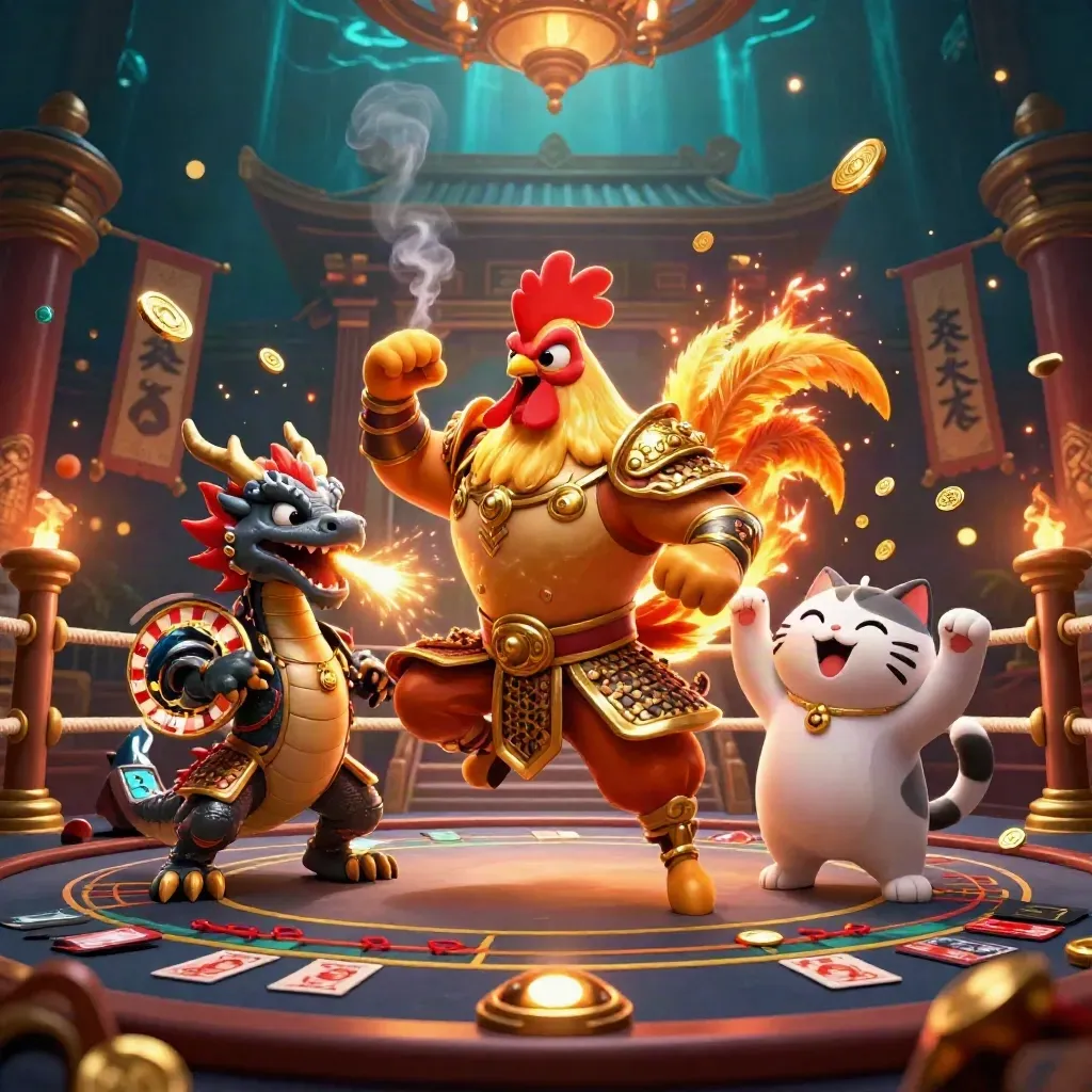 Rooster warrior, dragon hatchling, and fortune cat in a lavish casino-temple ring with sparks and gold.