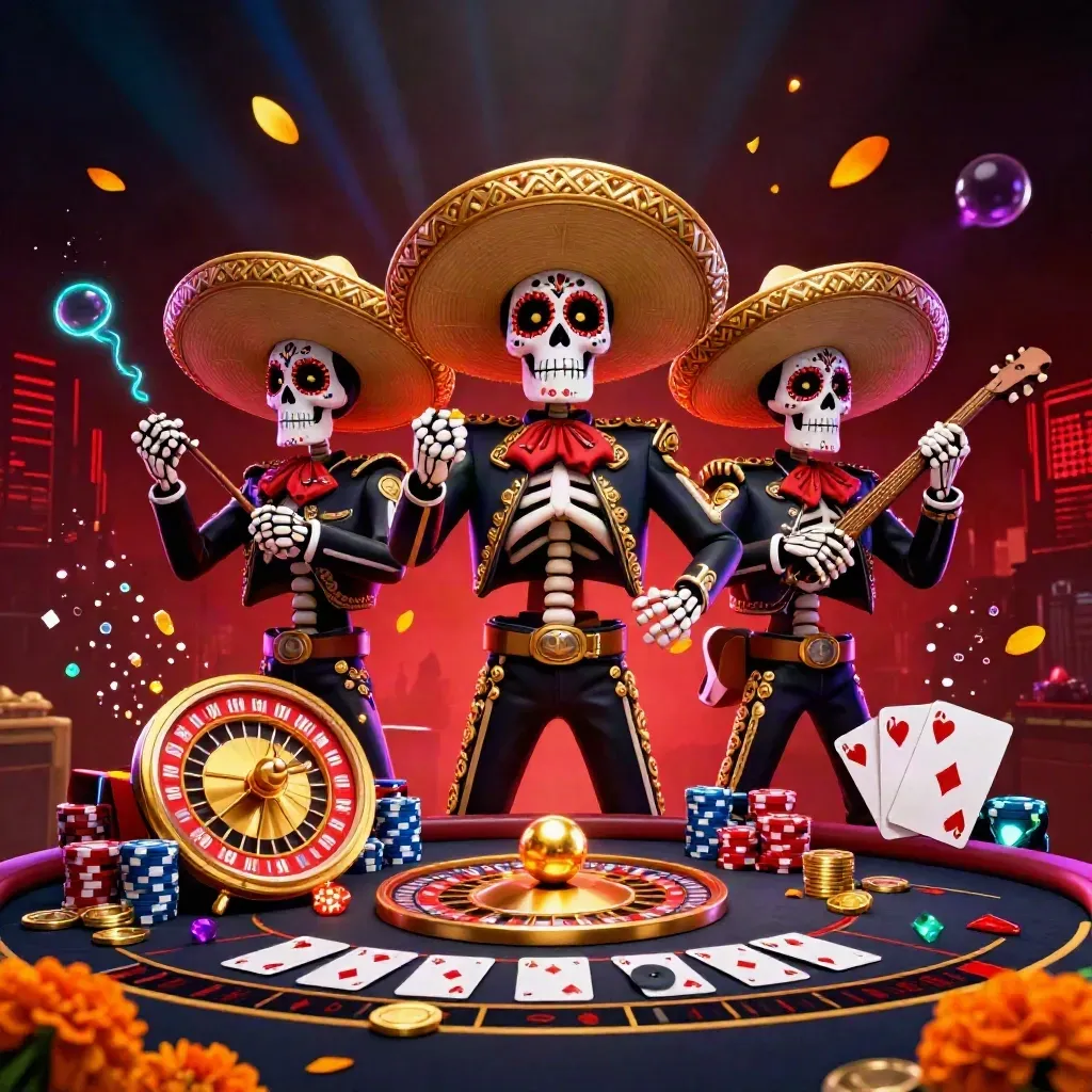 Skeleton mariachi trio with roulette wheel, coins, gems, and luxe casino lighting