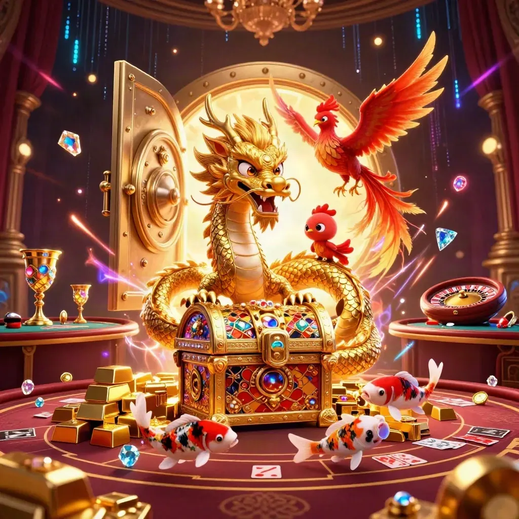 Golden dragon, phoenix, and koi amid vault riches and casino lights in a dark luxury chamber.