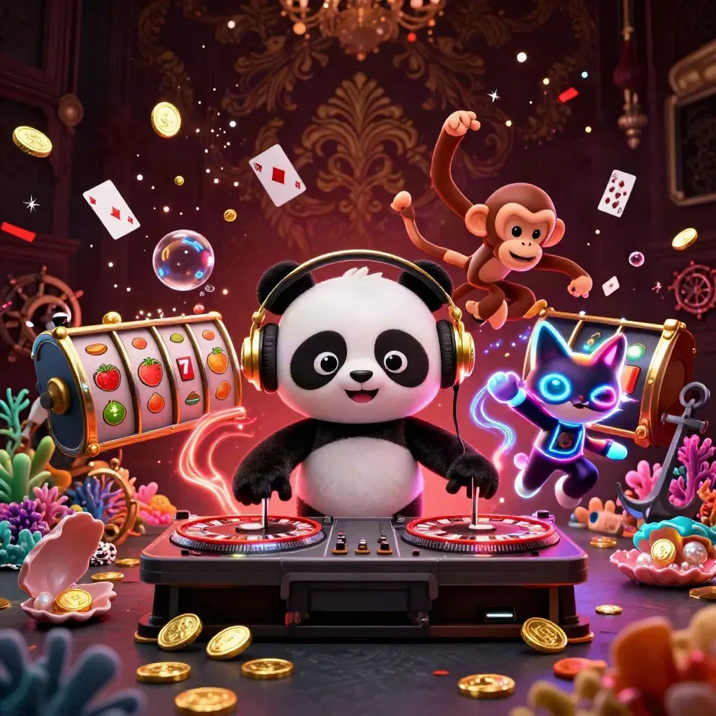 DJ panda, dancing monkey, and rave kitten in a gold-cove casino burst with neon red treasure