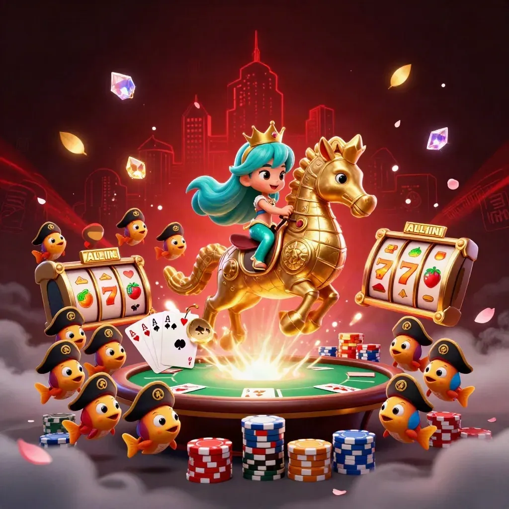 Mermaid princess rides a golden seahorse through cards, chips, reels, petals, and red neon casino magic.