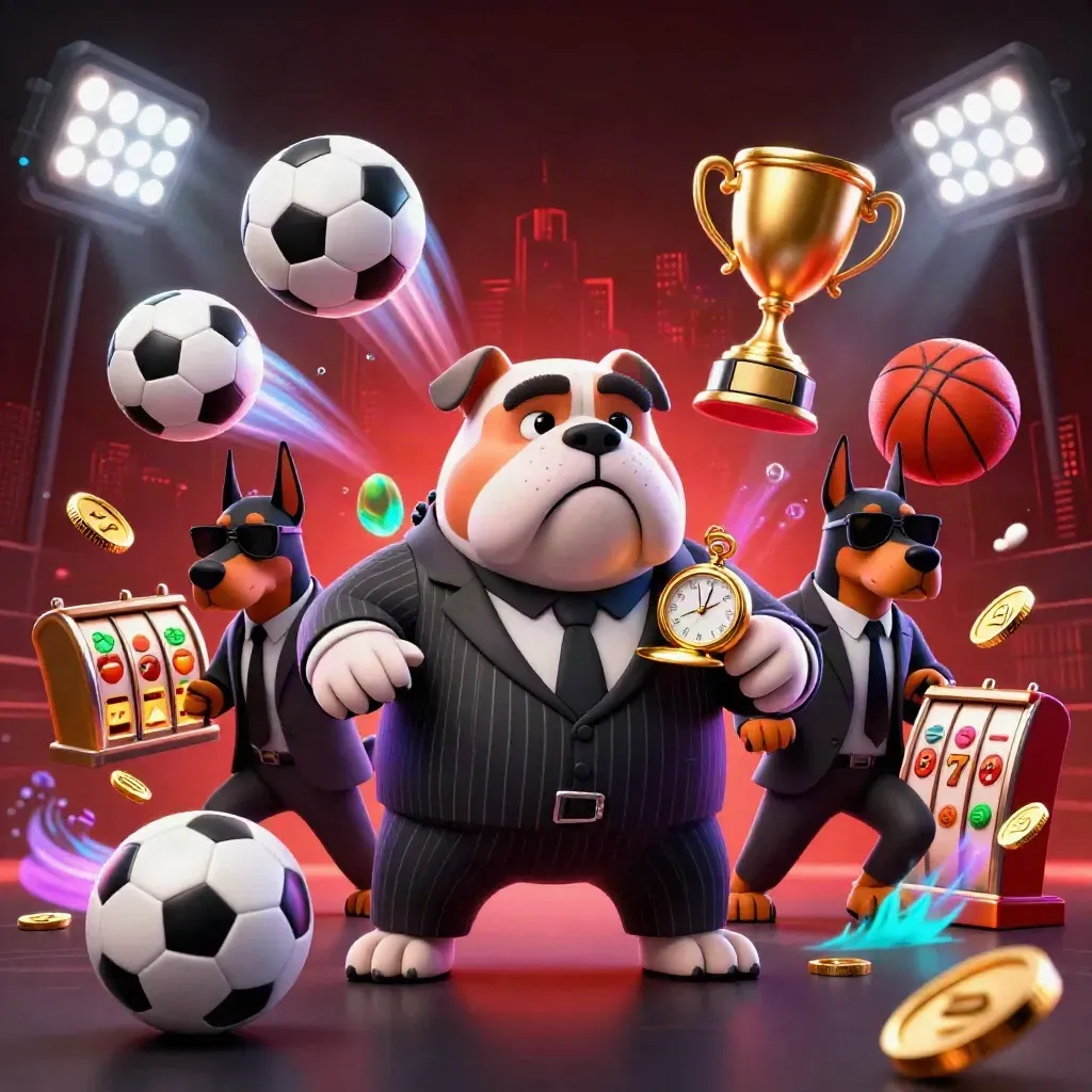 Bulldog boss and bodyguards amid sports balls, trophy, coins, and red casino chaos