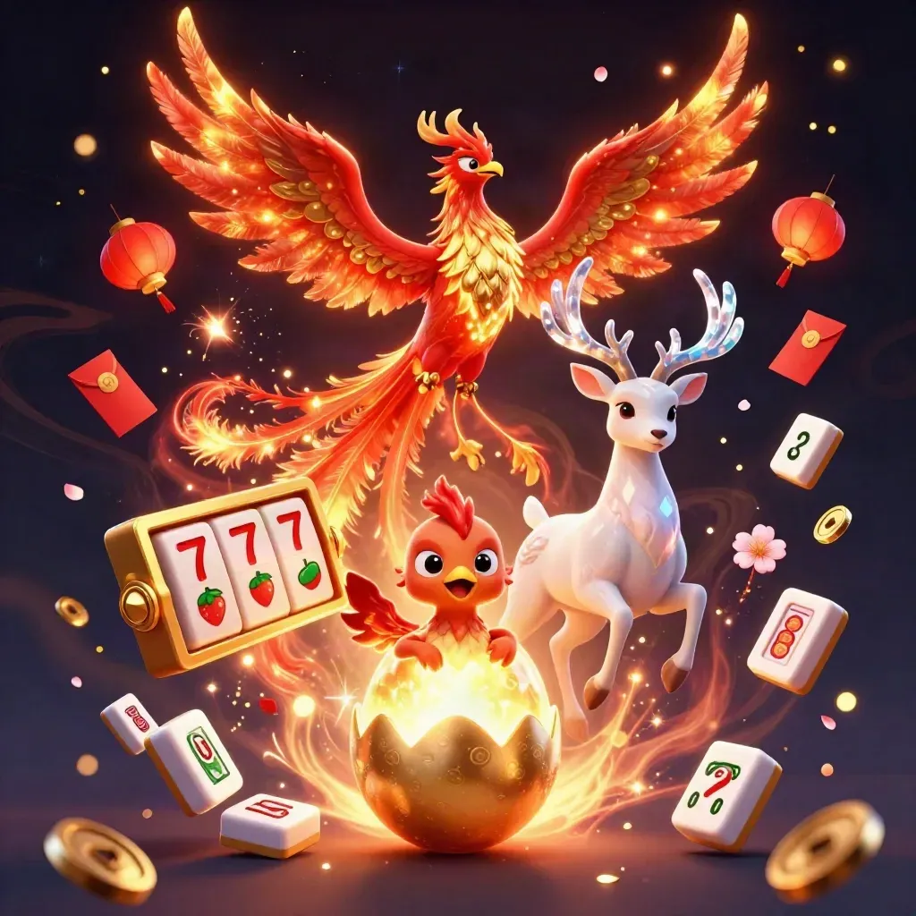 Phoenix, hatching chick, and crystal stag burst through casino symbols in a dark starry scene