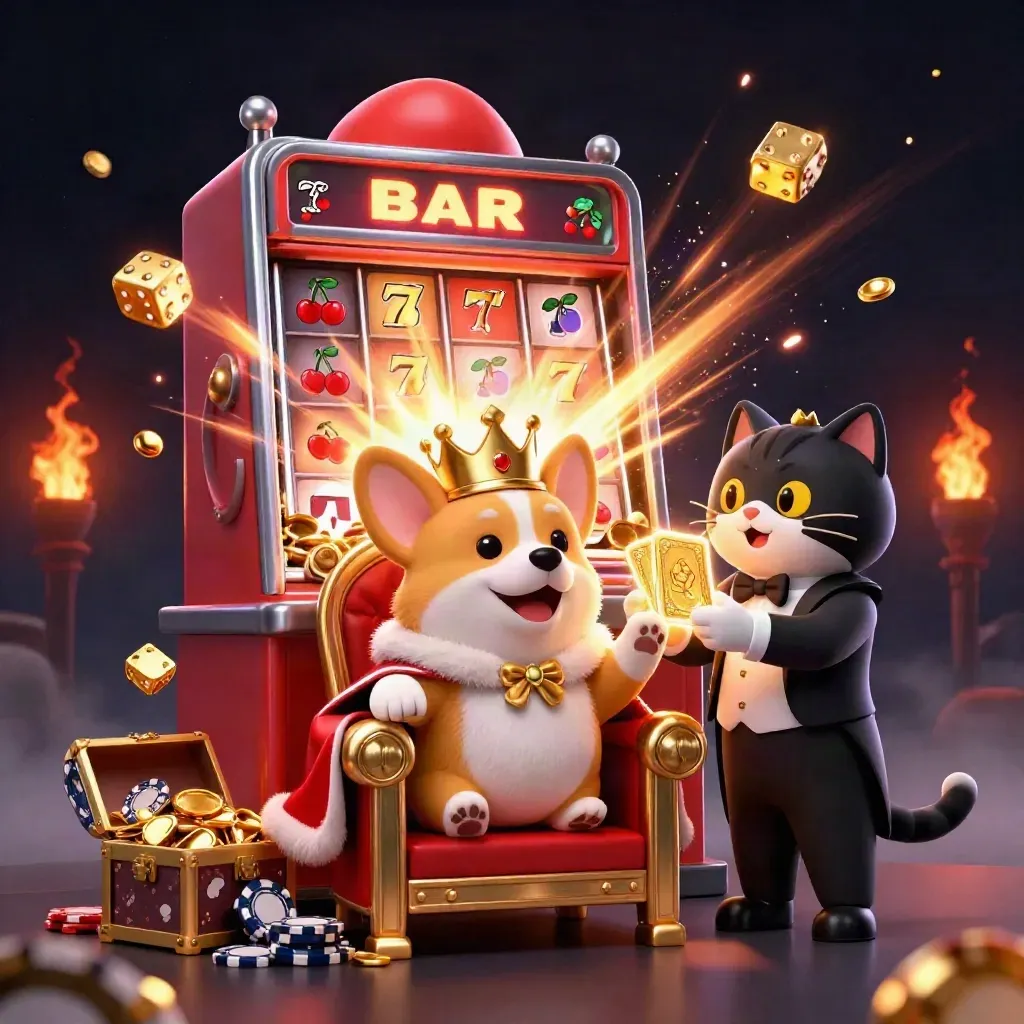 Royal corgi and cat butler amid exploding casino treasure, dice, and a slot machine.