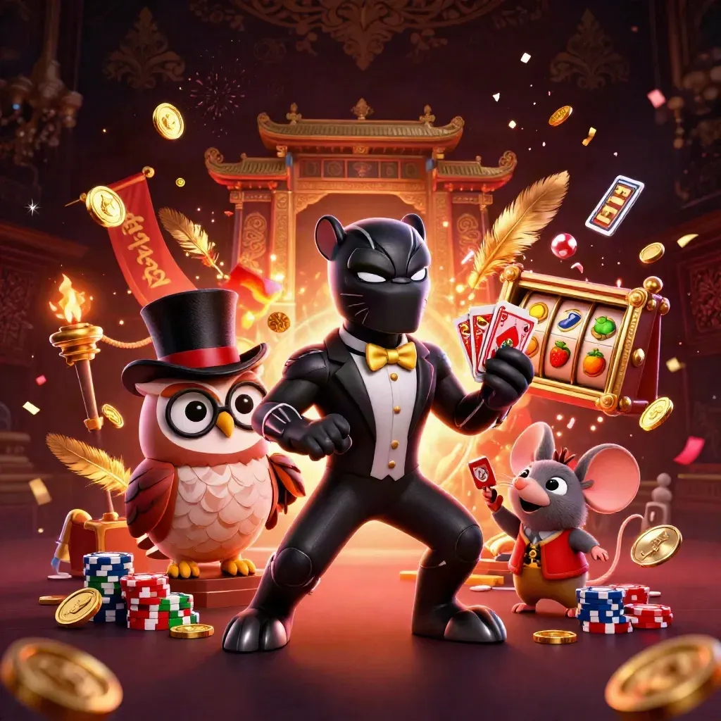 Panther, owl, and mouse in tuxedo casino chaos with neon energy and flying chips
