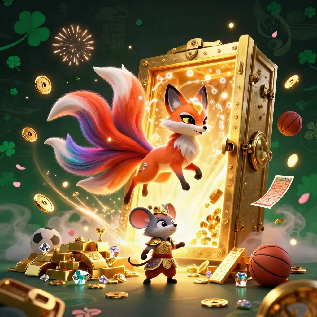 Neon fox spirit and armored mouse burst from a vault with coins, gems, sports icons, and fireworks.