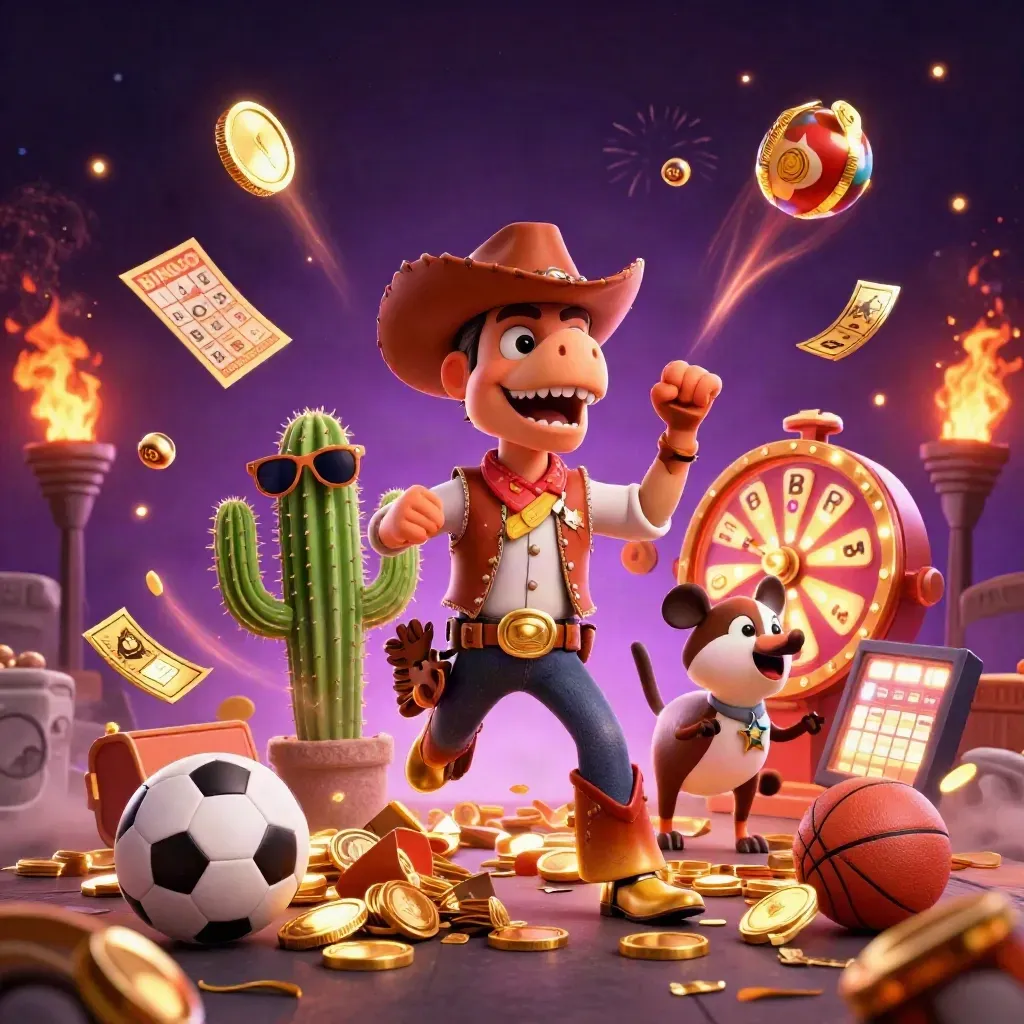 Cowboy T-Rex trio amid bursting treasure, blank gold coins, sports balls, and fireworks.