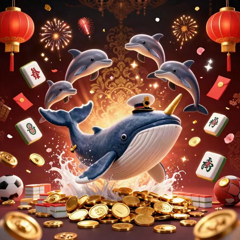 Whale captain, narwhal, and dolphins burst from gold coins amid fireworks and casino symbols.