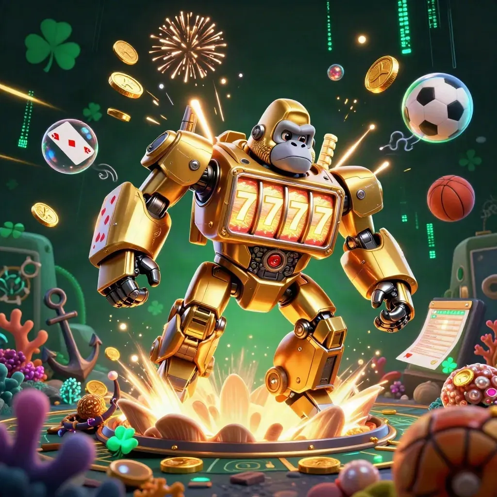 Golden gorilla mech with monkey pilot amid coin burst, treasure cove, sports props, and glowing effects.