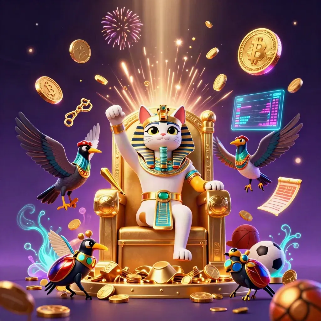 Pharaoh cat on throne amid coins, fireworks, gem scarabs, neon betting symbols
