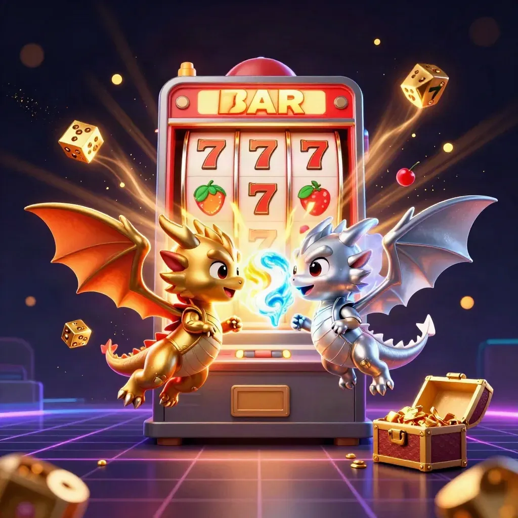 Gold and silver dragons spiral around a slot machine with dice, chest, and flying casino symbols.
