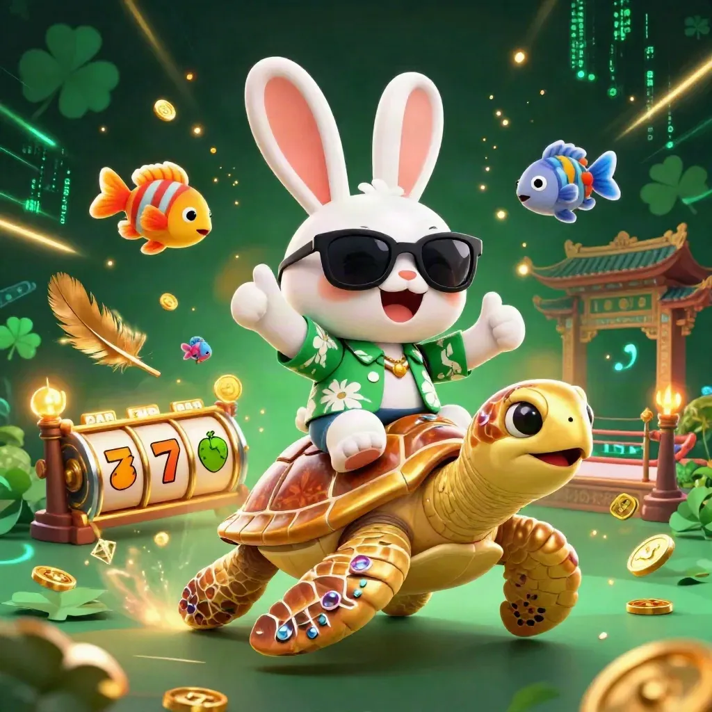 Lucky rabbit rides a gem-shelled turtle through neon casino magic and slot symbols.