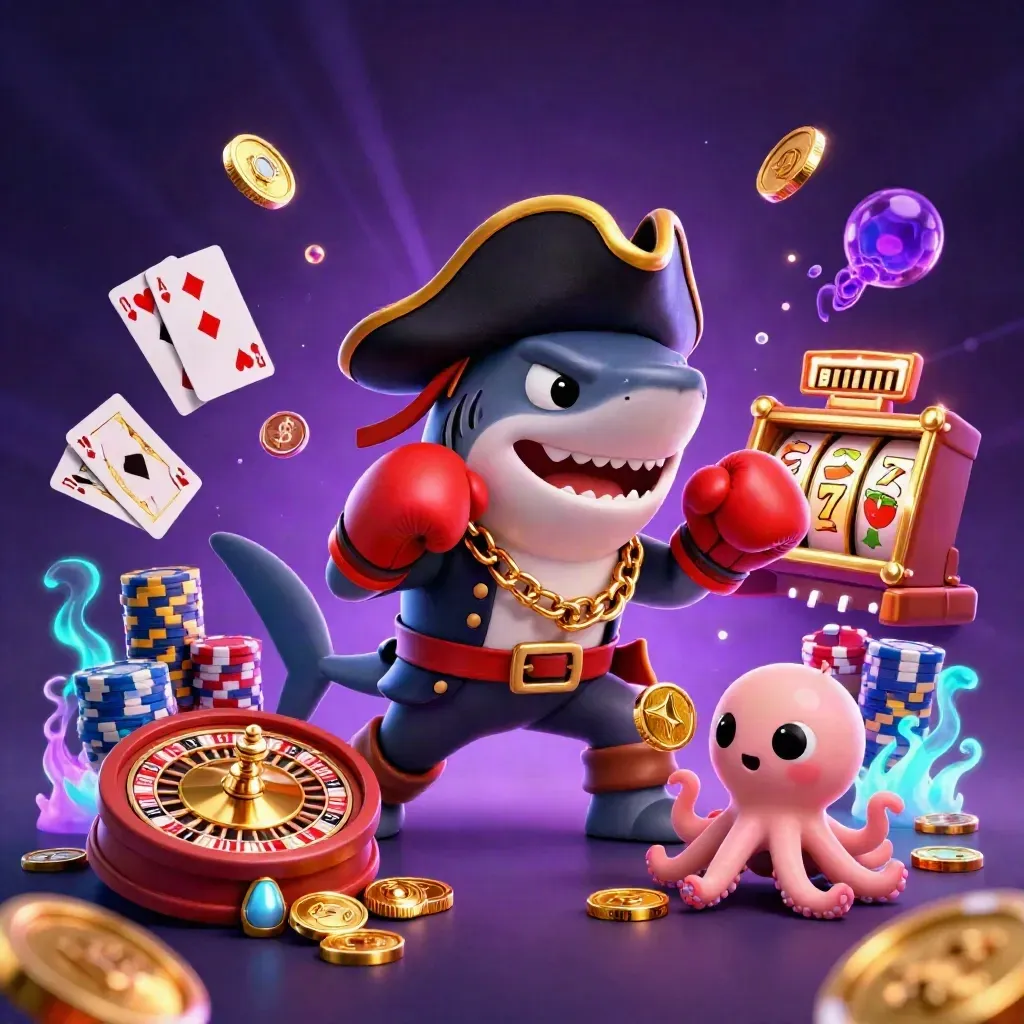 Pirate shark, boxing pufferfish, and juggling octopus amid casino coins, cards, chips, and roulette