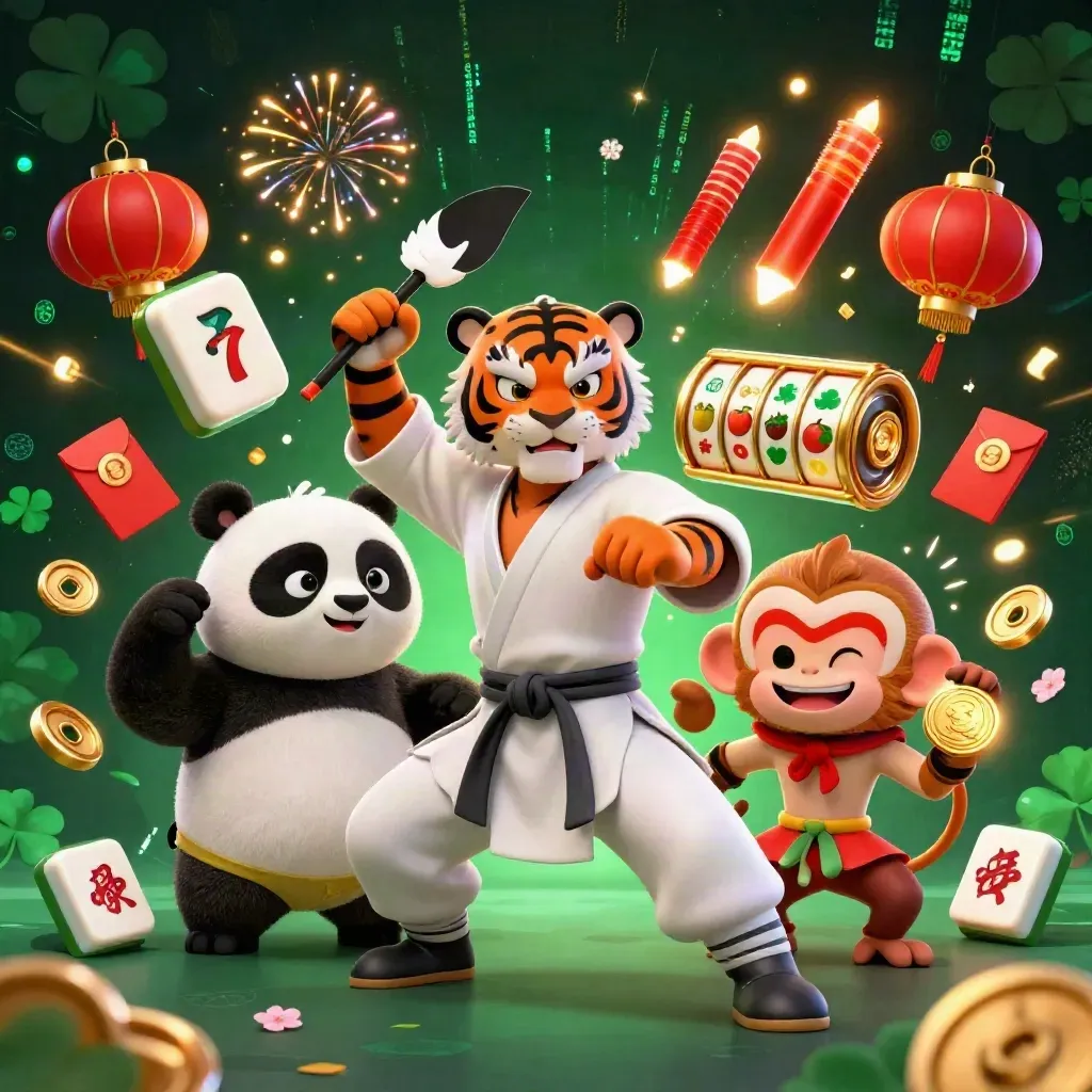 Kung-fu tiger, panda, and monkey amid casino luck symbols and glowing effects
