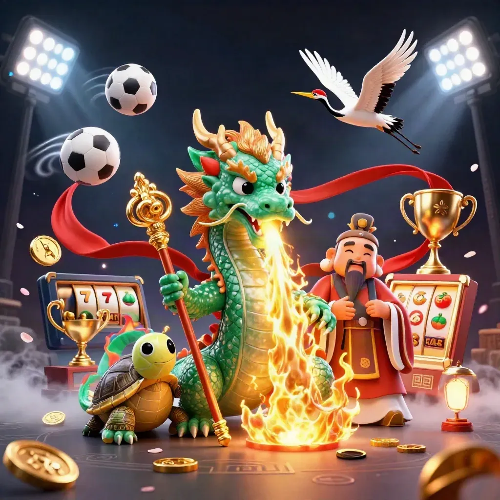 Jade dragon, turtle sage, and cranes amid sports balls, coins, and casino magic on dark navy.