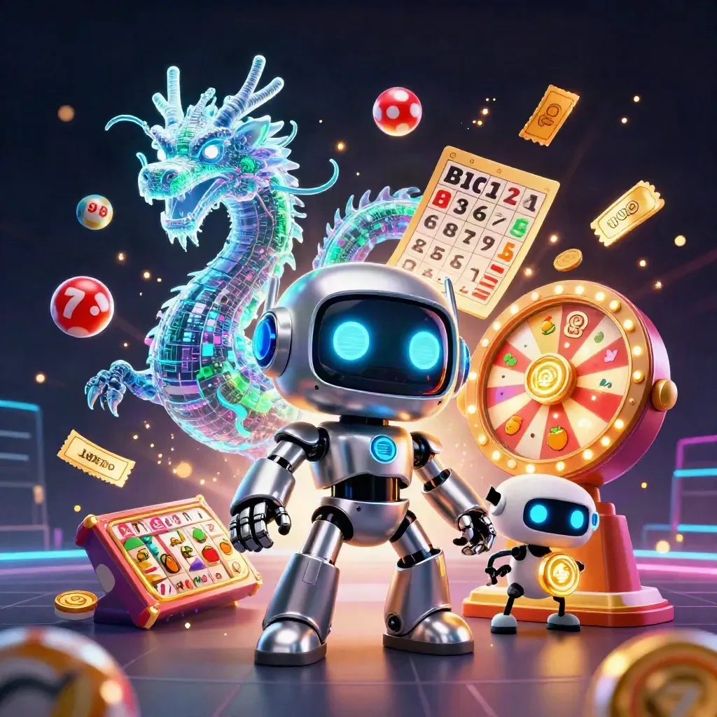 Chrome robot with holographic dragon and coin drone amid casino game symbols on a dark neon grid.
