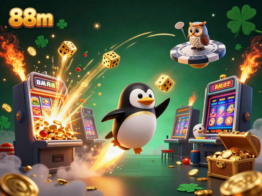 Win big with 88m as a golden penguin rockets towards a vibrant casino space station!