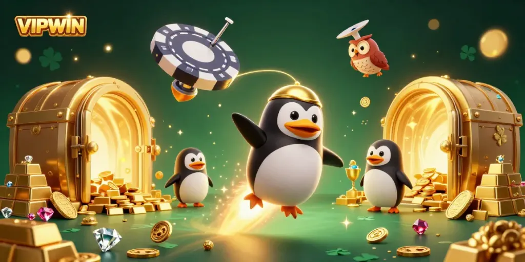 VIPWIN game promotion featuring a golden penguin and casino elements amidst a treasure-filled galaxy.