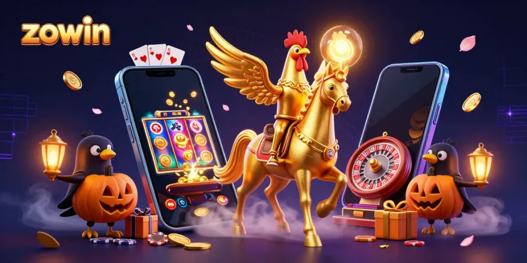 Zowin's golden rooster character navigates a vibrant casino scene filled with glowing game elements.