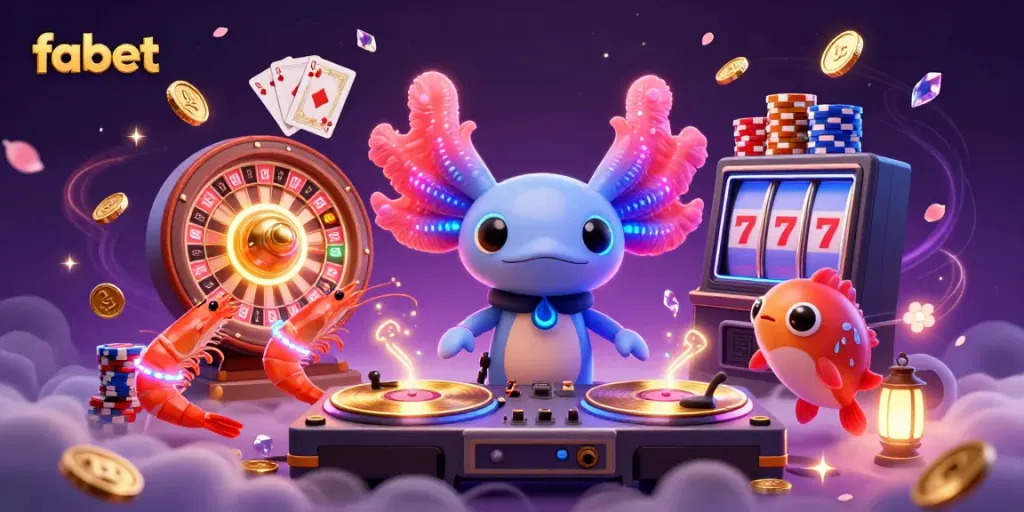 Experience vibrant fabet gameplay with a neon axolotl DJ, dynamic casino elements, and dazzling visuals.