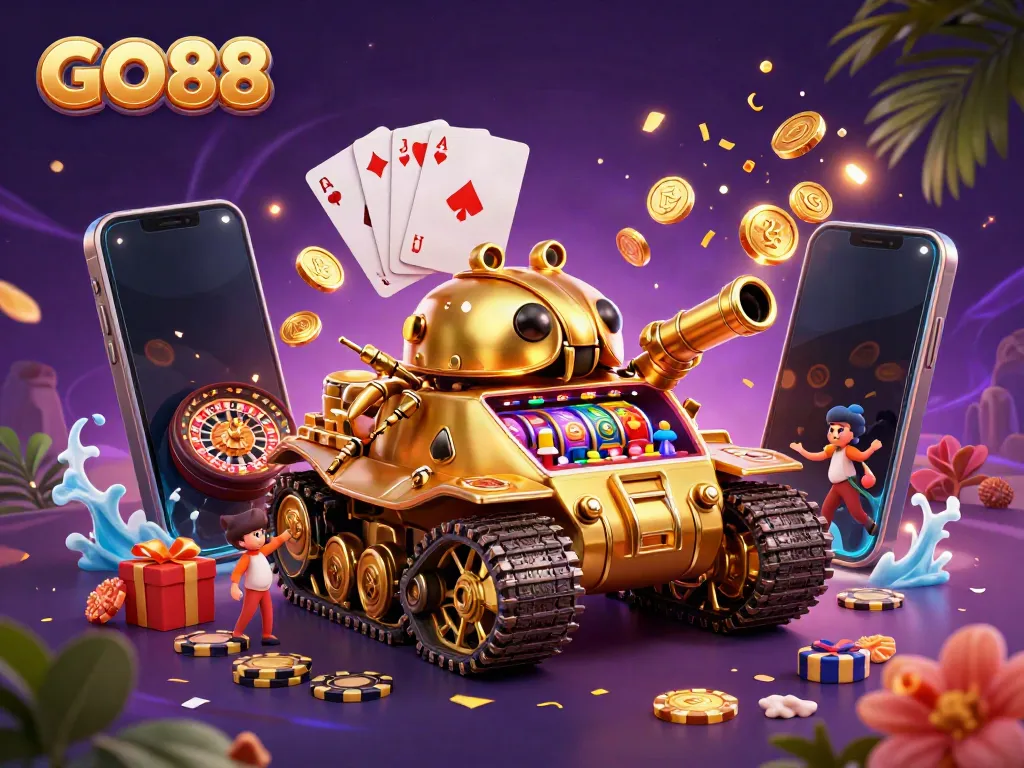 Experience the immersive world of GO88 with a vibrant casino scene inside a golden beetle tank.